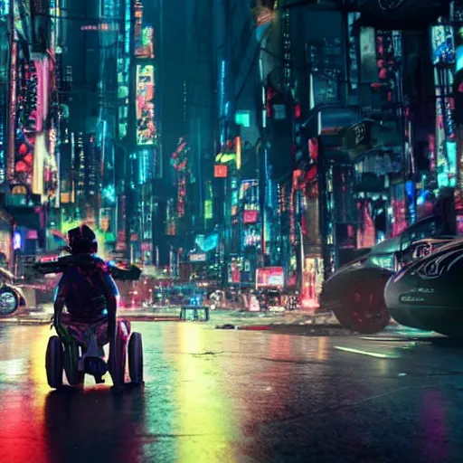 Image similar to spawn riding a tricycle in a neotokyo street, cyberpunk, movie still, 4 k