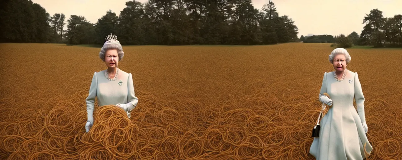 Prompt: queen elizabeth as a young woman walking through a field of spaghetti, canon 2 0 mm, wes anderson, kodachrome