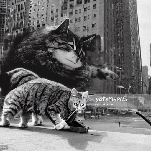 Image similar to newscaster reporting on the appearance of an enormous cat wrecking nyc, television screen, high resolution