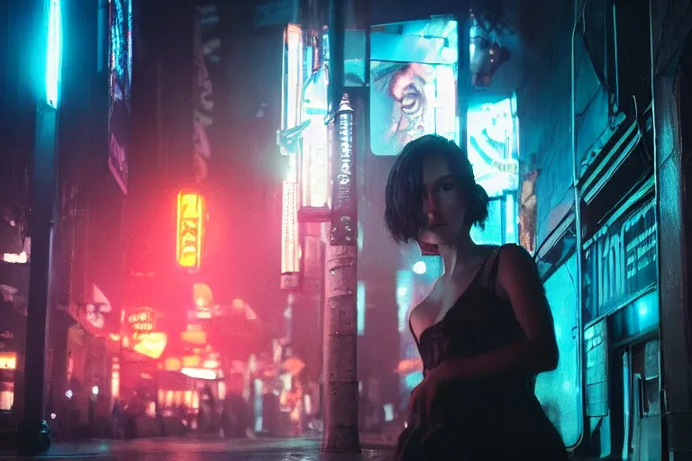 Prompt: VFX movie portrait closeup beautiful blade runner giant hologram woman natural skin, natural night street lighting in the city alley by Emmanuel Lubezki