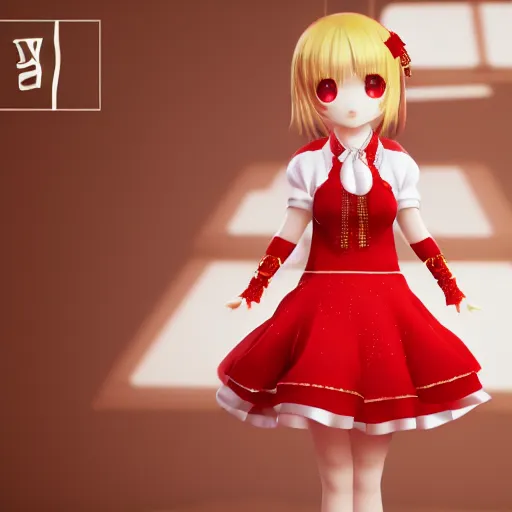 Prompt: cute fumo plush of a girl in a red and gold dress, high quality material bssrdf, vray, anime girl