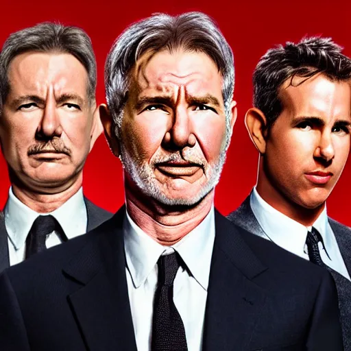 Image similar to the face of a succesful man: Harrison Ford/Tom Hanks/Tom Cruise/Ryan Reynolds, highly detailed uncropped full-color epic corporate portrait photograph. best corporate photoraphy photo winner, meticulous detail, hyperrealistic, centered uncropped symmetrical beautiful masculine facial features, atmospheric, photorealistic texture, canon 5D mark III photo, professional studio lighting, aesthetic, very inspirational, motivational