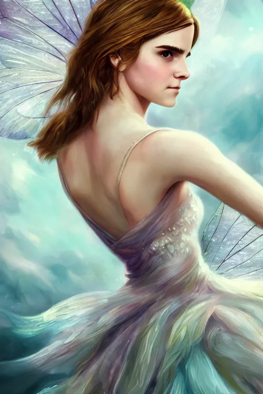 Image similar to a photo of emma watson as flying fairy, fantasy, intricate, beautiful, highly detailed, digital painting, artstation, concept art, smooth, high resolution, sharp focus, illustration