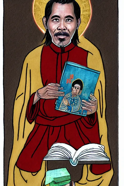 Image similar to saint jokowi with undang undang book in his hand, sketch and art by jacqueline e, color by bo feng lin