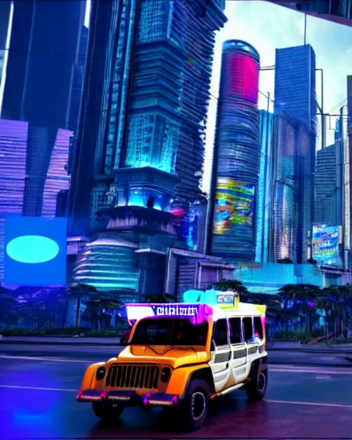 Image similar to philippine jeepney flying through cyberpunk manila city, cgi render, concept art, unreal engine