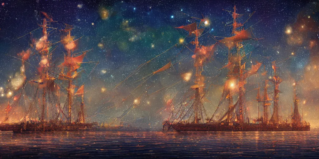 Image similar to a lone giant steampunk tall - ship made of wrought - iron sailing through nebulae, gossamer woven sails and surrounded by millions of stars, bokeh, ray tracing, hyperrealistic digital painting, colorful masterpiece by studio ghibli