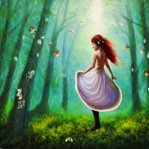 Image similar to epic oil painting of a beautiful fairy in a short skirt landing on a mushroom in the forest, moss, fog