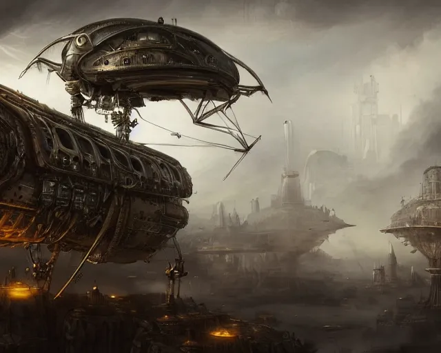 Image similar to legendary steampunk airship, medieval planet, alien technology, cinematic, highly detailed, smogpunk engines, scifi, intricate digital painting, interesting angle, gigantic landing pad, scifi base, artstation, by johnson ting, jama jurabaev