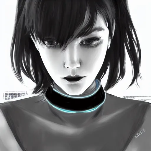 Image similar to headshot artwork of cyberpunk woman wearing thick black choker, collar on neck, realistic, artstation, neon,