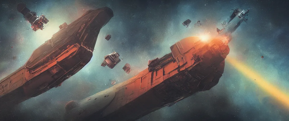 Image similar to tiny spaceship!!, deep space exploration!!!, flying, the expanse tv series, industrial design, the final frontier, illustrative!!, punk, space pirate, painterly, hyperdetailed, hyperrealistic, utilitarian cargo ship, cinematic lighting, 4k, wide angle, beksinski, (neon colors)