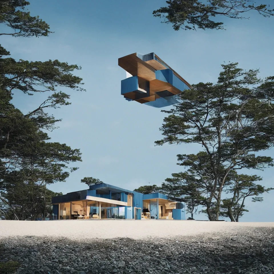 Image similar to architecture ad for a mid-century modern house on the beach, designed by Bjarke Ingels. Film grain, cinematic, colorized, blue hue