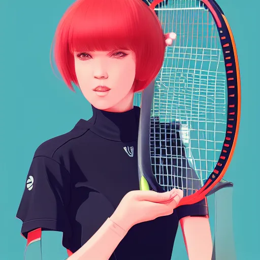 Image similar to a drawing of a woman holding a tennis racquet, a character portrait by Ilya Kuvshinov, cgsociety, shock art, ilya kuvshinov, 2d game art, official art