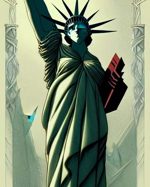 Image similar to Beautiful and playful ethereal lady liberty, art nouveau, fantasy , elegant, highly detailed, sharp focus, art by Artgerm and Greg Rutkowski and WLOP