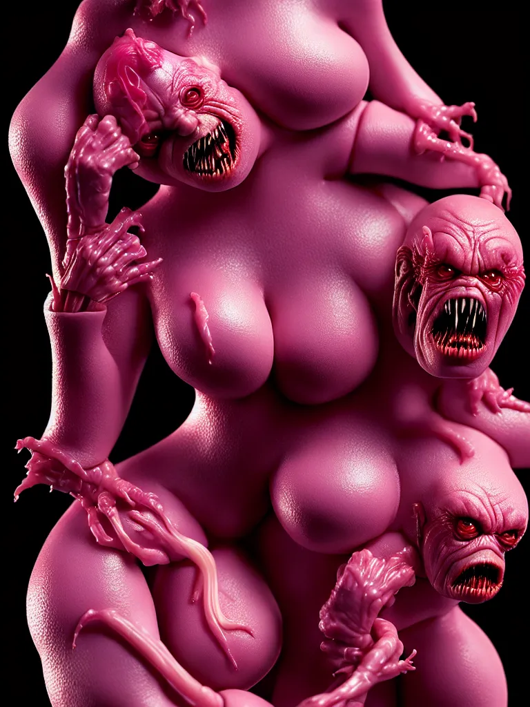 Image similar to hyperrealistic rendering, fat smooth john carpenter flesh monster natalie portman by bernie wrightson and killian eng and joe fenton, product photography, action figure, sofubi, studio lighting, colored gels, colored background