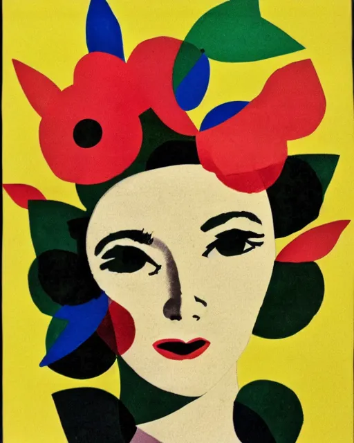 Prompt: cut and paste collage, 1 9 6 0 s, color block, crowded minimalist flowers, primary colors, smooth textures, a woman's face