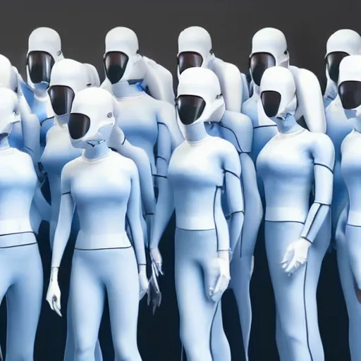 Image similar to troop of cloned women with white bob hairdos, tight light blue neopren suits, futuristic cloning facility, sci - fi, highly detailed, cinematic