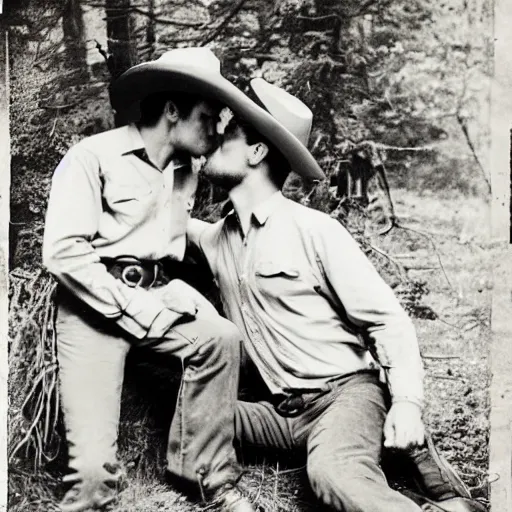 Image similar to two cowboys kissing on a camp in the woods, vintage photography