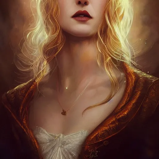 Image similar to majestic gracious regal aristocratic blonde female vampire portrait, atmospheric lighting, painted, soft rim light, menacing, intricate, volumetric lighting, beautiful, rich deep colours masterpiece, golden hour, sharp focus, ultra detailed, by leesha hannigan, ross tran, thierry doizon, kai carpenter, ignacio fernandez rios