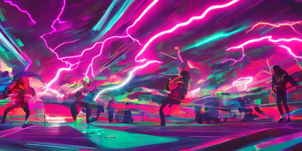 Image similar to Lightning storm rap battle, digital art, vapor wave, hip hop, psychedelic tron, trending on Artstation, professional artist, detailed, 4k