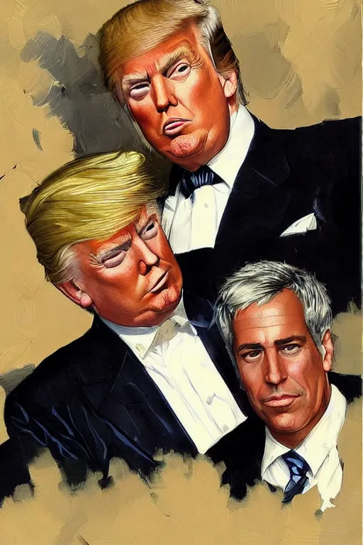 Prompt: donald trump and jeffrey epstein, painting by jc leyendecker!! phil hale!, angular, brush strokes, painterly, vintage, crisp