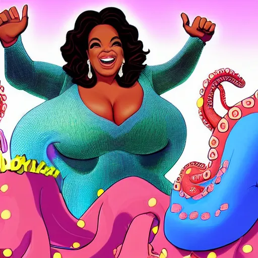 Image similar to oprah winfrey as a giant octopus villain, disney cartoon