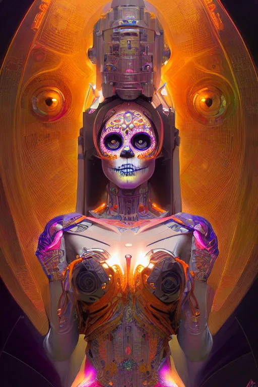 Prompt: ultra detailed Female Android deity, scifi, octane render, (dia de los muertos), asymmetrical, intricate concept art, triadic color scheme, art by artgerm and DZO and greg rutkowski and alphonse mucha and loish and WLOP