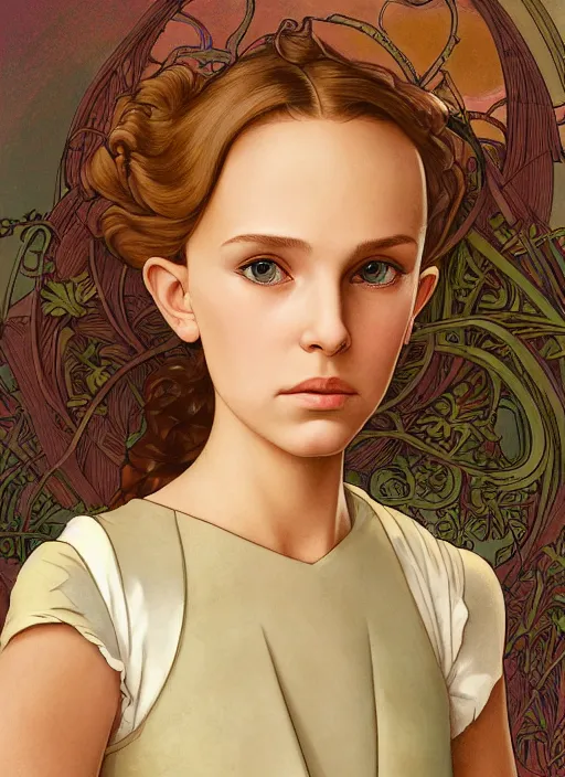 Prompt: well - lit art nouveau portrait of a 1 3 - year old girl who resembles natalie portman and millie bobby brown with blonde hair and a worried, vulnerable expression, natural lighting, path traced, highly detailed, high quality, cartoon, digital painting, by don bluth and ross tran and studio ghibli and alphonse mucha