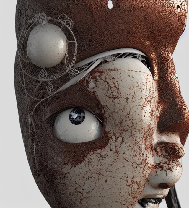 Image similar to portrait of a slightly rusty beautiful japanese robotic geisha with wires and actuators, porcelain white face, dramatic lighting, hyper - realistic, ultra - realistic, intricate details, japanese model, 8 k ultra high definition, octane render