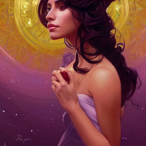 Image similar to Portrait of very very very very very very beautiful Latina woman, spacesuit, purple eyes, intricate, elegant, highly detailed, digital painting, artstation, concept art, smooth, sharp focus, illustration, art by artgerm and greg rutkowski and alphonse mucha