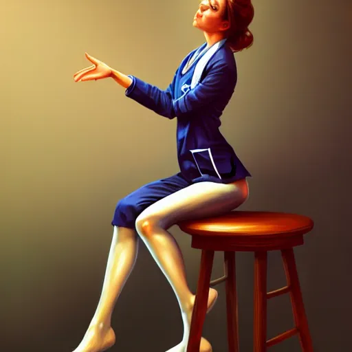Prompt: portrait of a nurse on a stool, expressive pose, futuristic, highly detailed, digital painting, artstation, concept art, smooth, sharp focus, by Art Frahm