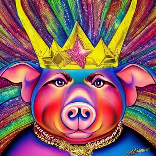 Prompt: lisa frank superhero pose pig wearing a gold crown holding 3d rectangles painting by android jones