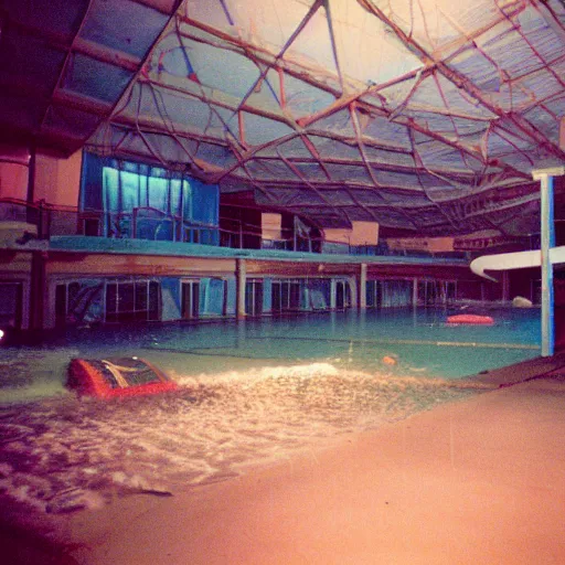 Image similar to an eerie photo of an abandoned indoor water park from the 1 9 9 0 s at night, disposable film