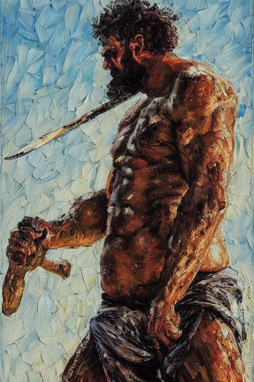 Image similar to highly detailed palette knife oil painting of a historically accurate depiction of the ancient biblical philistine giant warrior Goliath of Gath, fierce, menacing, by Peter Lindbergh, impressionistic brush strokes, painterly brushwork