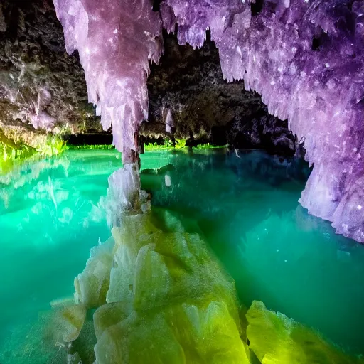 Prompt: ultra high definition 8 k footage david attenbrough nature documentry very dark cave exploration stalagtites stalagmites giant amethyst opal crystals at night camera flash vast underground lake