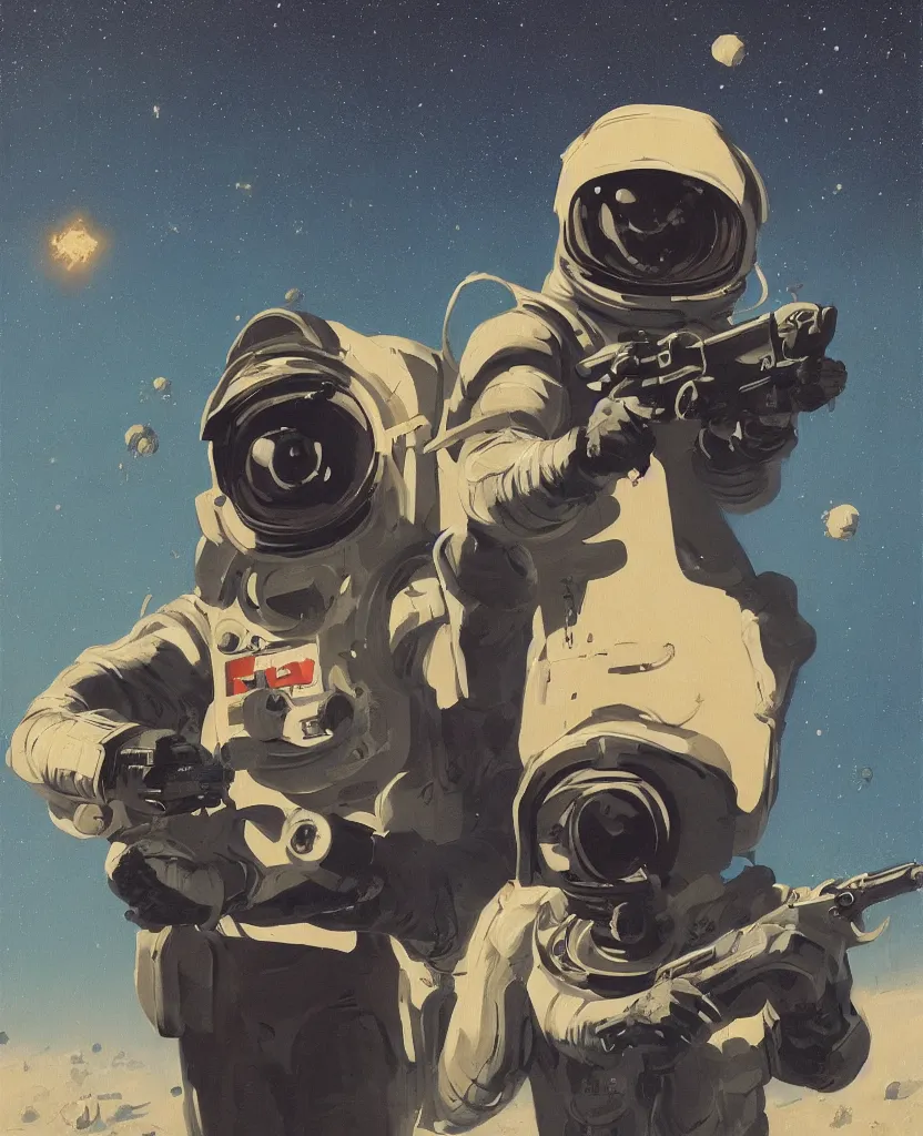 Prompt: a painting of a man in a space suit holding a gun, concept art by dean ellis, behance contest winner, retrofuturism, sci - fi, toonami, future tech