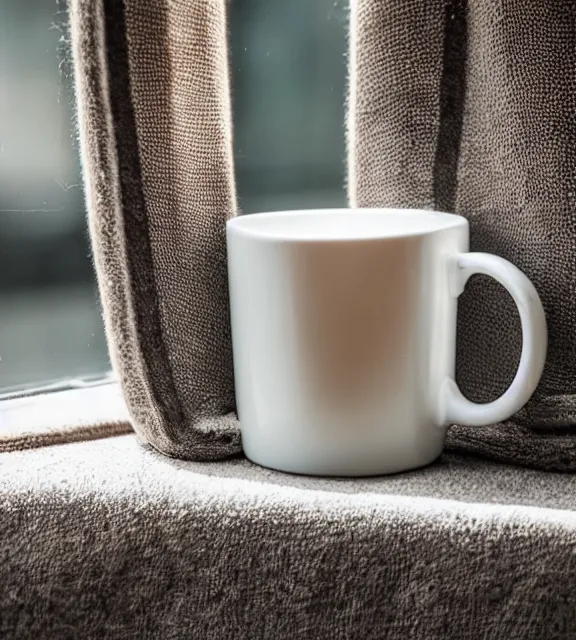 Image similar to a 4 k photorealistic photo close up of a mug on a sunny windowsill.