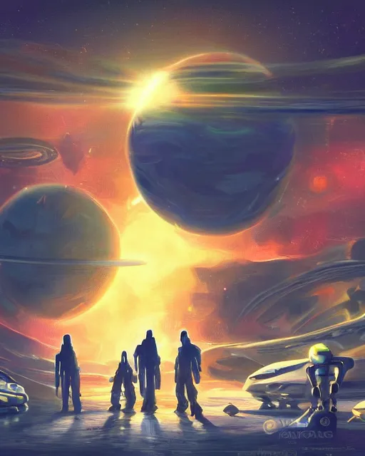 Image similar to A colorful painting of humanoid Aliens of the Sun on a space planet environment with futuristic vehicles, inspired by Keith Mallett, digital art, extremely moody lighting, glowing light and shadow, atmospheric, shadowy, cinematic