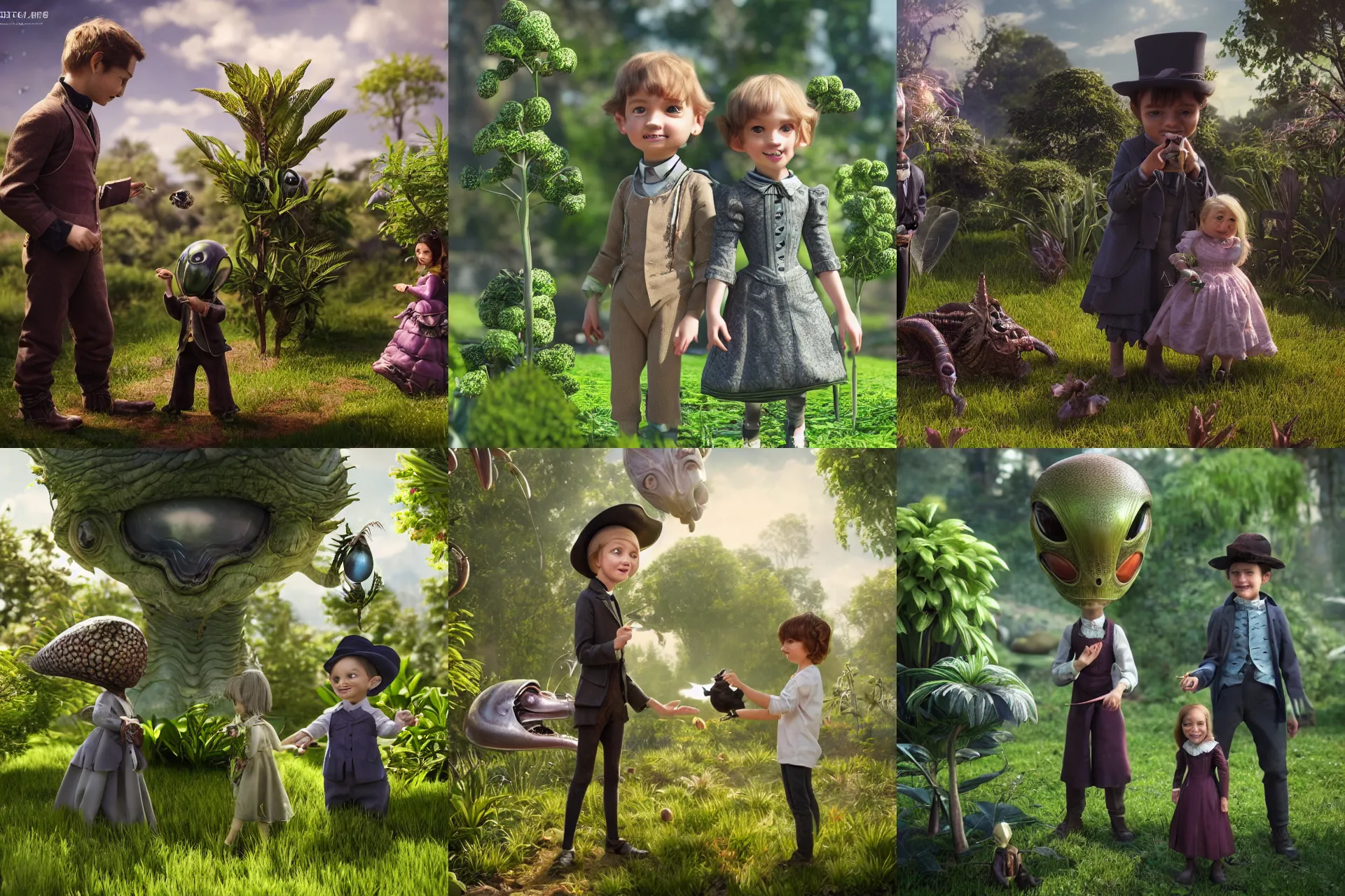 Prompt: a girl and a boy standing next to some alien plants, looking happy, wearing victorian clothes, they are playing with their small pet alien creature, in a park on a alien planet, extremely high details, ultra realistic facial details, faces, ultra photorealistic raytracing, trending on artstation, 8k