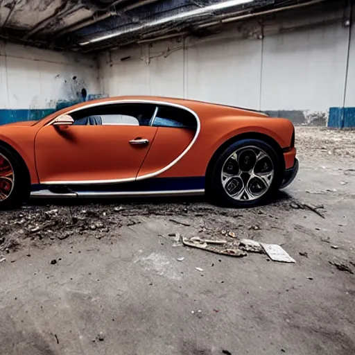 Image similar to an abandoned, derelict, ( really rusty ) bugatti chiron in a dirty warehouse