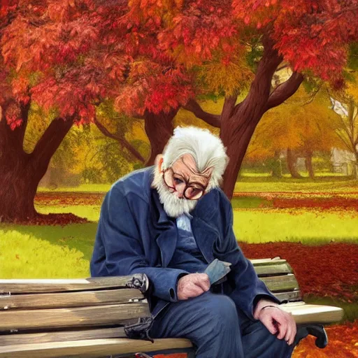 Prompt: 1940s old man sitting on a bench in a city park, colorful autumn, highly detailed, digital painting, artstation, concept art, sharp focus, illustration, art by artgerm and greg rutkowski and alphonse mucha