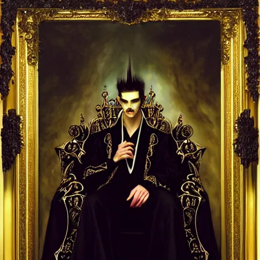 Image similar to perfectly centered portrait of attractive vampire king in gold gothic robe sitting on a throne of black bones, highly detailed painting by gaston bussiere, craig mullins, j. c. leyendecker, 8 k, mid shot