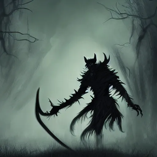 Image similar to fantasy art sillohuette character with scythe standing in for ground, menacing werewolf in background, intense, stunning, unsettling ( dark colors ) ( mist )