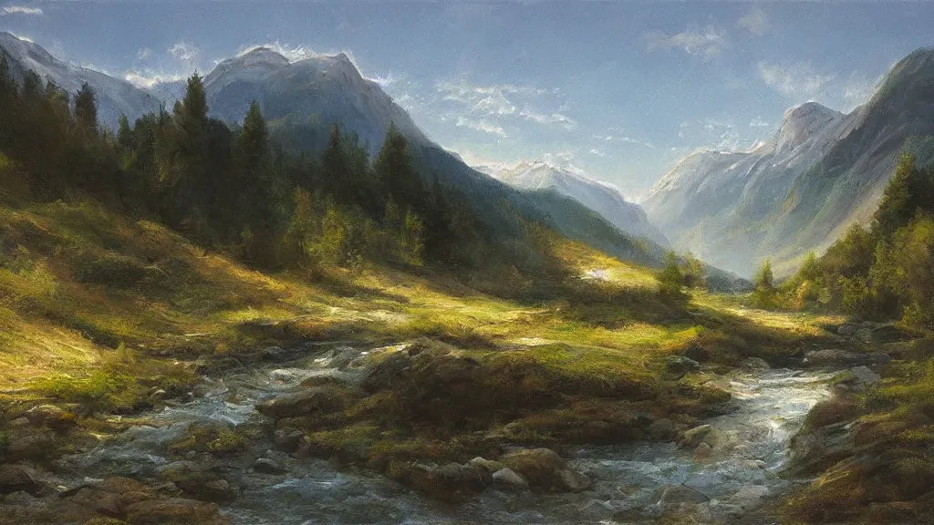 Prompt: High-Quality realist painting of a river crossing a valley in the Alps at dawn, peaceful, very detailed, digital art.