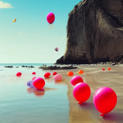 Prompt: a lot of floating birthday balloons. beautiful beach in bretagne. digital art, highly - detailed, artstation cgsociety masterpiece