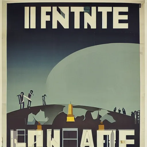 Image similar to 1930s poster of an infinite 70s office view from the bottom and some workers