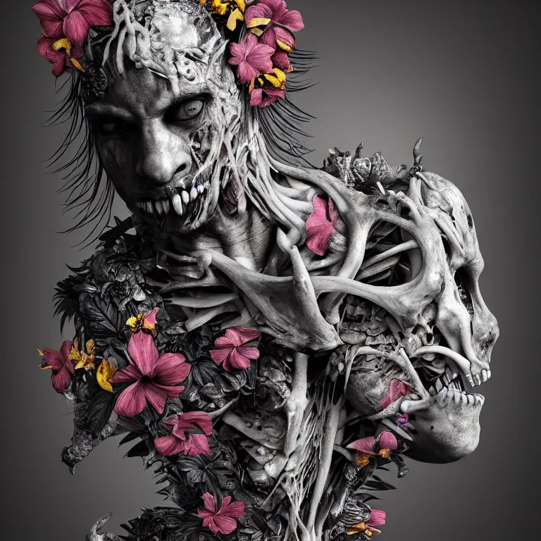 Prompt: portrait of faceless warrior, surrounded by beautiful tropical flowers, tropical fruit, human spine, rotten meat flesh with colorful mold, muscle tissue, spikes, baroque painting, beautiful detailed intricate insanely detailed octane render, 8K artistic photography, photorealistic, chiaroscuro, Raphael, Caravaggio, H.R.Giger, BW digital art