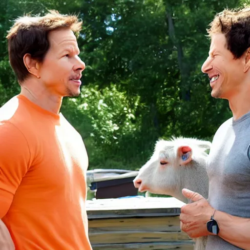 Image similar to mark wahlberg and andy samberg talking to farm animals