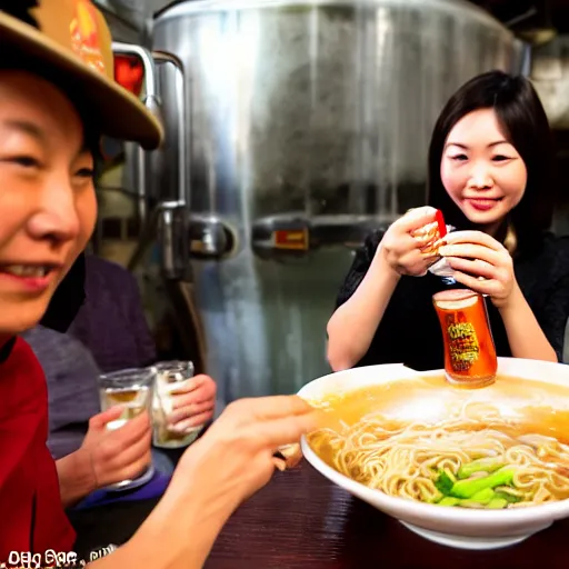 Image similar to chinese woman drinking beer and eating noodles with friends. shanghai. closeup