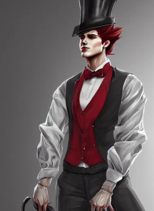 Prompt: a highly detailed illustration of stylish top hat wearing red haired attractive man, wearing suit vest, leaning back pose, intricate, elegant, highly detailed, centered, digital painting, artstation, concept art, smooth, sharp focus, league of legends concept art, WLOP