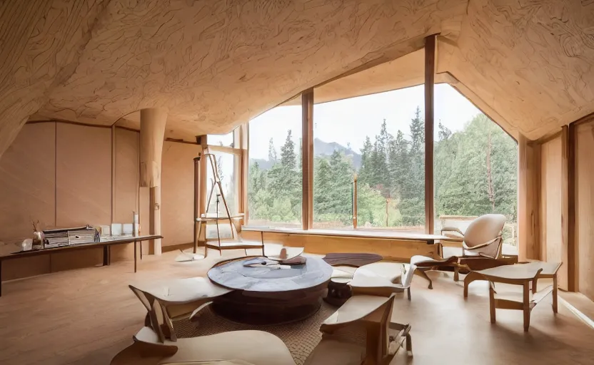 Image similar to luxurious wooden cottage by alvar aalto, modern Japanese living room, Japanese flower arrangements, coherent composition, architecturally accurate, architecture photography
